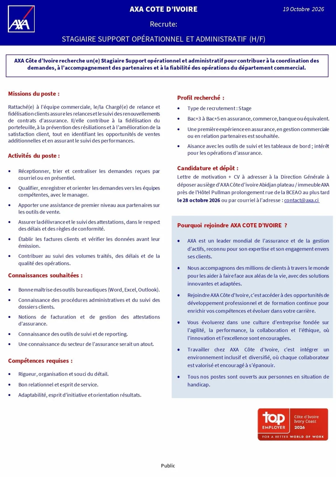 RECRUTEMENT STAGIAIRE SUPPORT OPPERATIONNEL ET ADMINISTRATIF