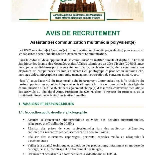Offre d'emploi RECRUITEMENT ASSISTANT COMMUNICATION MULTIMEDIA (H/F)