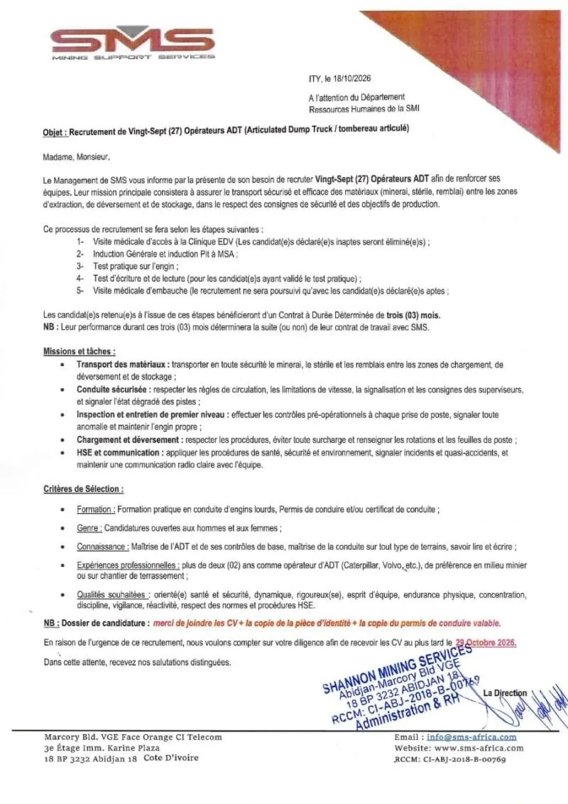 RECRUTEMENT DE VINGT-SEPT OPERATEUR ADT