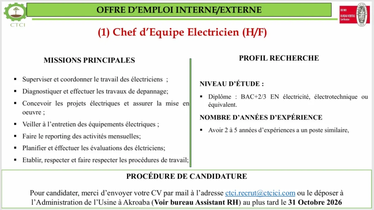 RECRUTEMENT CHEF D'EQUIPE D'ELECTRIEN