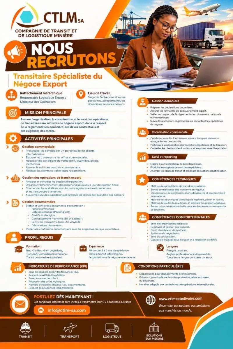 RECRUTEMENT TRANSITAIRE SPECIALISTE DU NEGOCE EXPORT