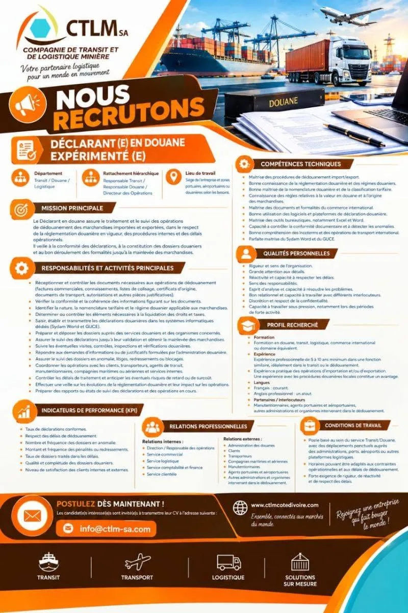 RECRUTEMENT DECLARANT EN DOUANE (H/F)