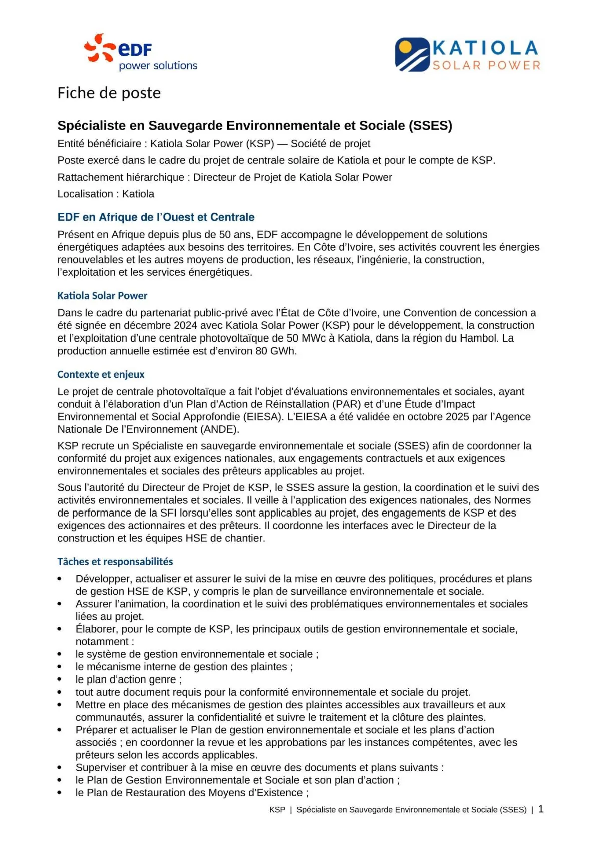 RECRUTEMENT SPECIALISTE EN SAUVEGARDE ENVIRONNEMENTALE ET SOCIALE