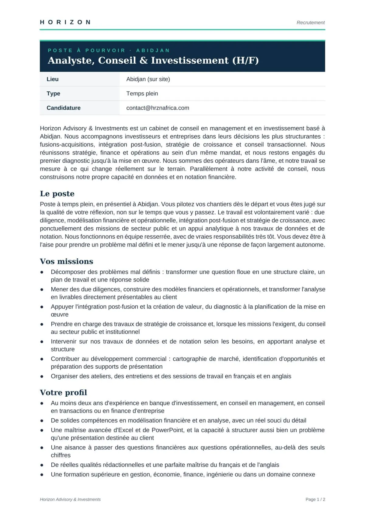 RECRUTEMENT ANALYSTE CONSEILLER INVESTISSEMENT (H/F)