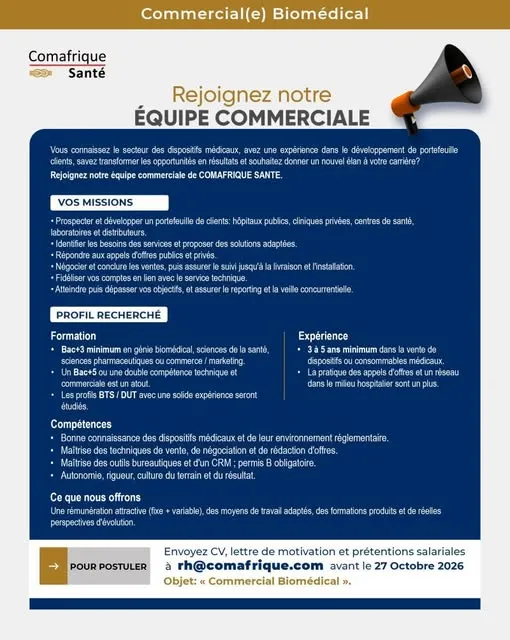 RECRUTEMENT COMMERCIAL BIOMEDICAL (H/F) -  - COTE D'IVOIRE