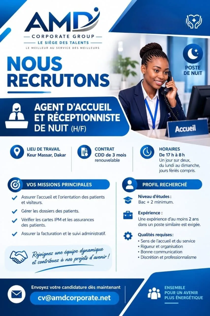 RECRUTEMENT AGENT D'ACCUEIL ET RECEPTIONNISTE DE NUIT