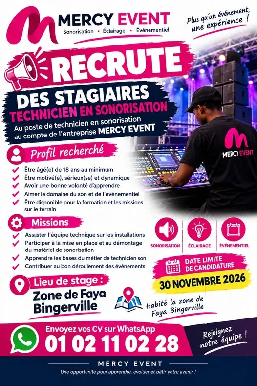 RECRUTEMENT TECHNICIEN EN SONORISATION STAGIAIRE