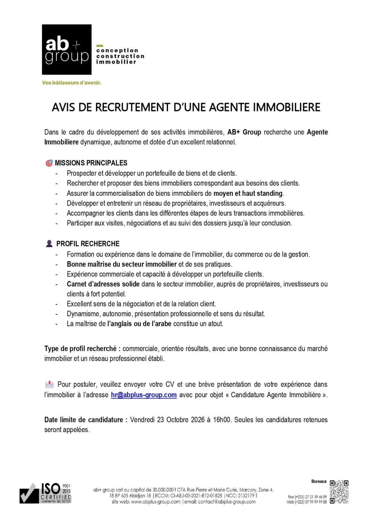 RECRUTEMENT D'UNE AGENTE IMMOBILIERE