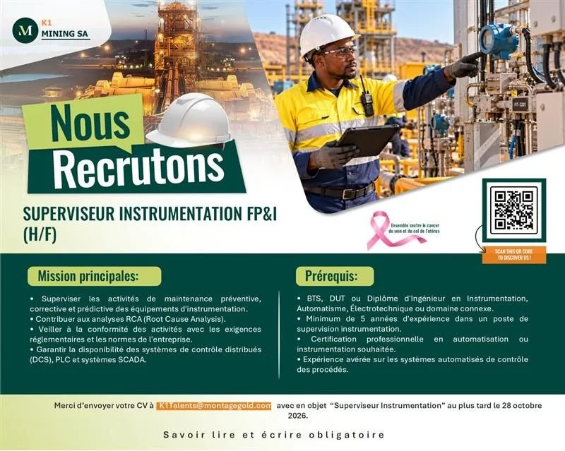 RECRUTEMENT D'UN SUPERVISEUR INTRUMENTATION