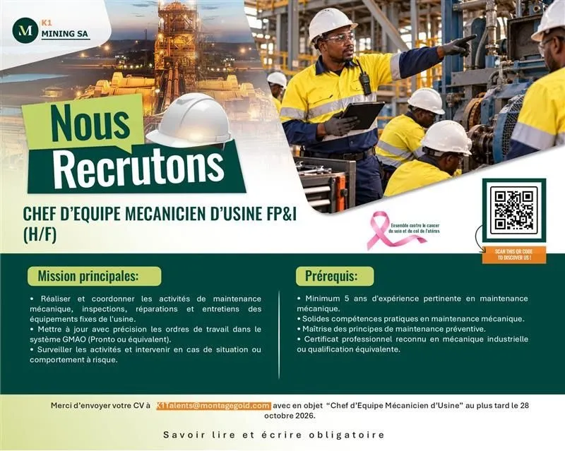 RECRUTEMENT CHEF D'EQUIPE MECANICIEN USINE