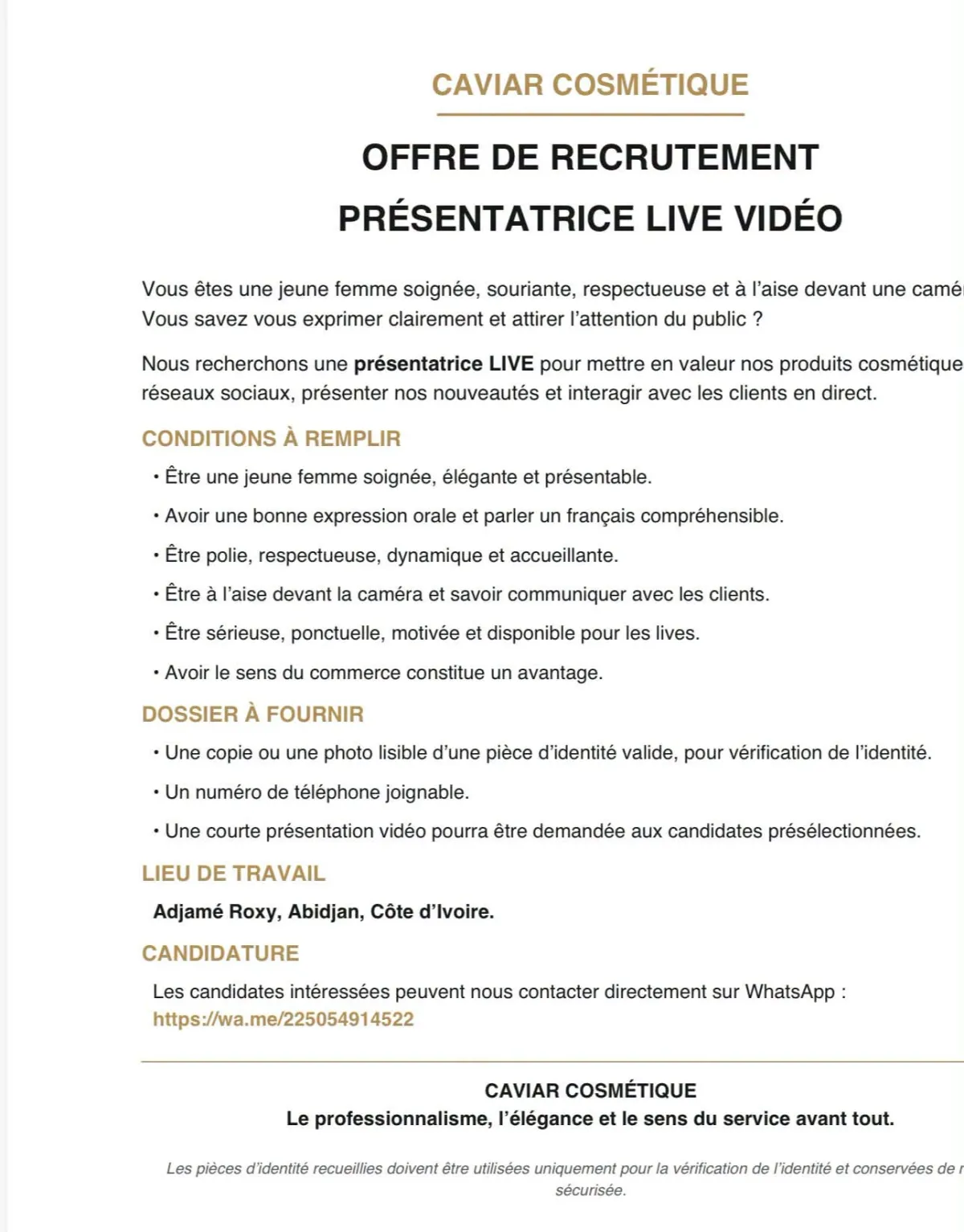 OFFRE DE RECRUTEMENT PRÉSENTATRICE LIVE VIDÉO