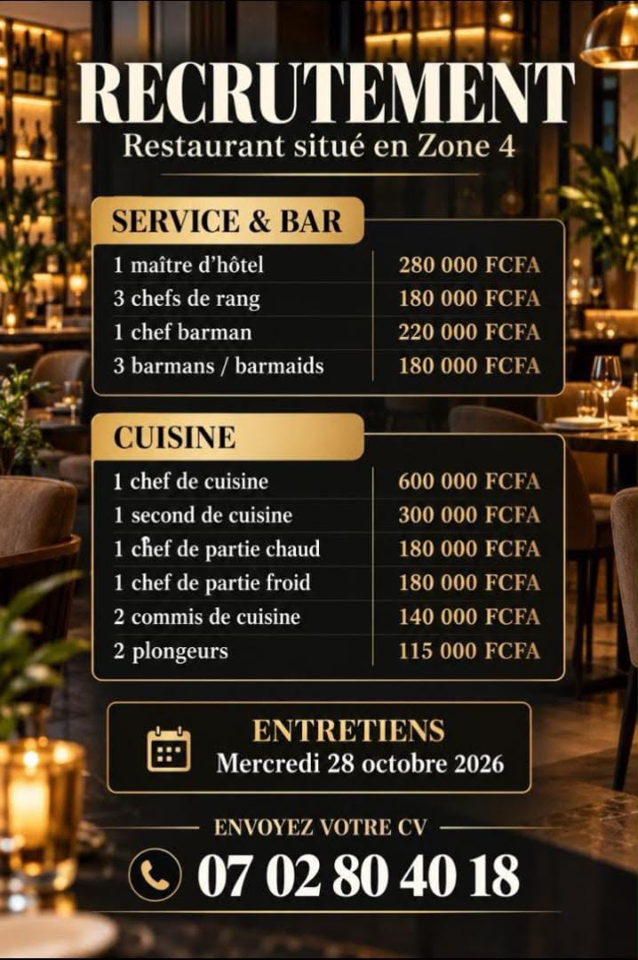 RESTAURANT RECRUTE PLUSIEURS POSTES