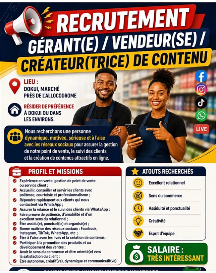 RECRUTEMENT GÉRANT/ VENDEUR/ CREATEUR DE CONTENU H/F