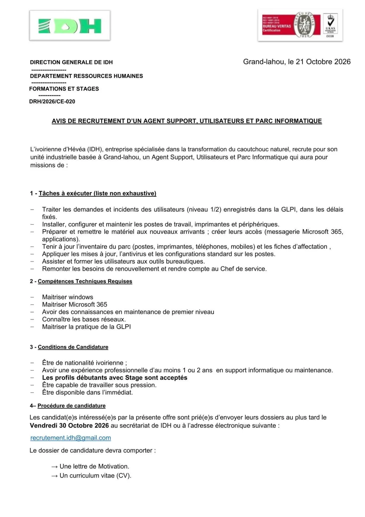 RECRUTEMENT AGENT SUPPORT UTILISATEUR ET PARC INFORMATIQUE
