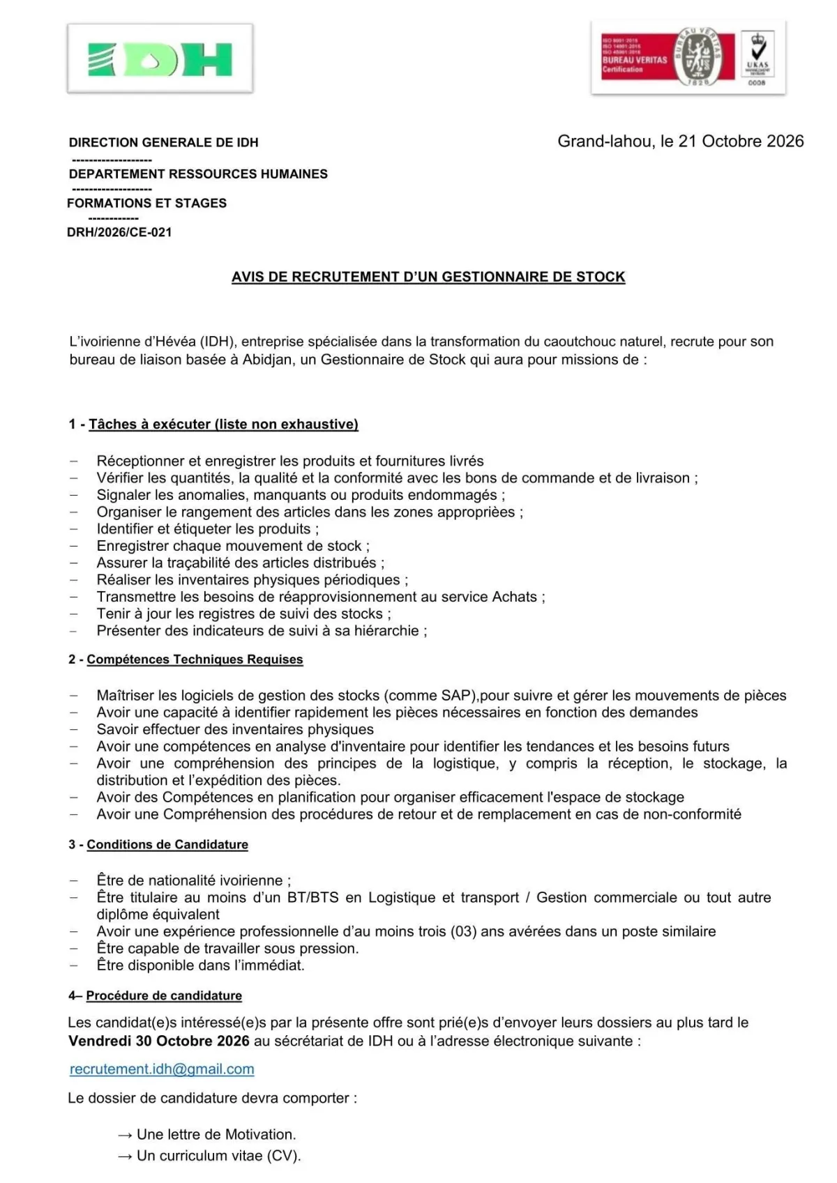 RECRUTEMENT 01 GESTIONNAIRE DE STOCK