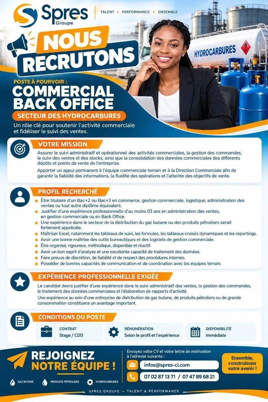 OFFRE DE RECRUTEMENT – COMMERCIAL BACK OFFICE