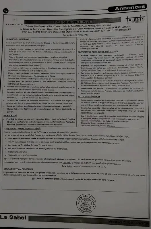RECRUTEMENT CADRES SUPERIEUR CHARGE DES ETUDES ET DE STATISTIQUE (H/F)