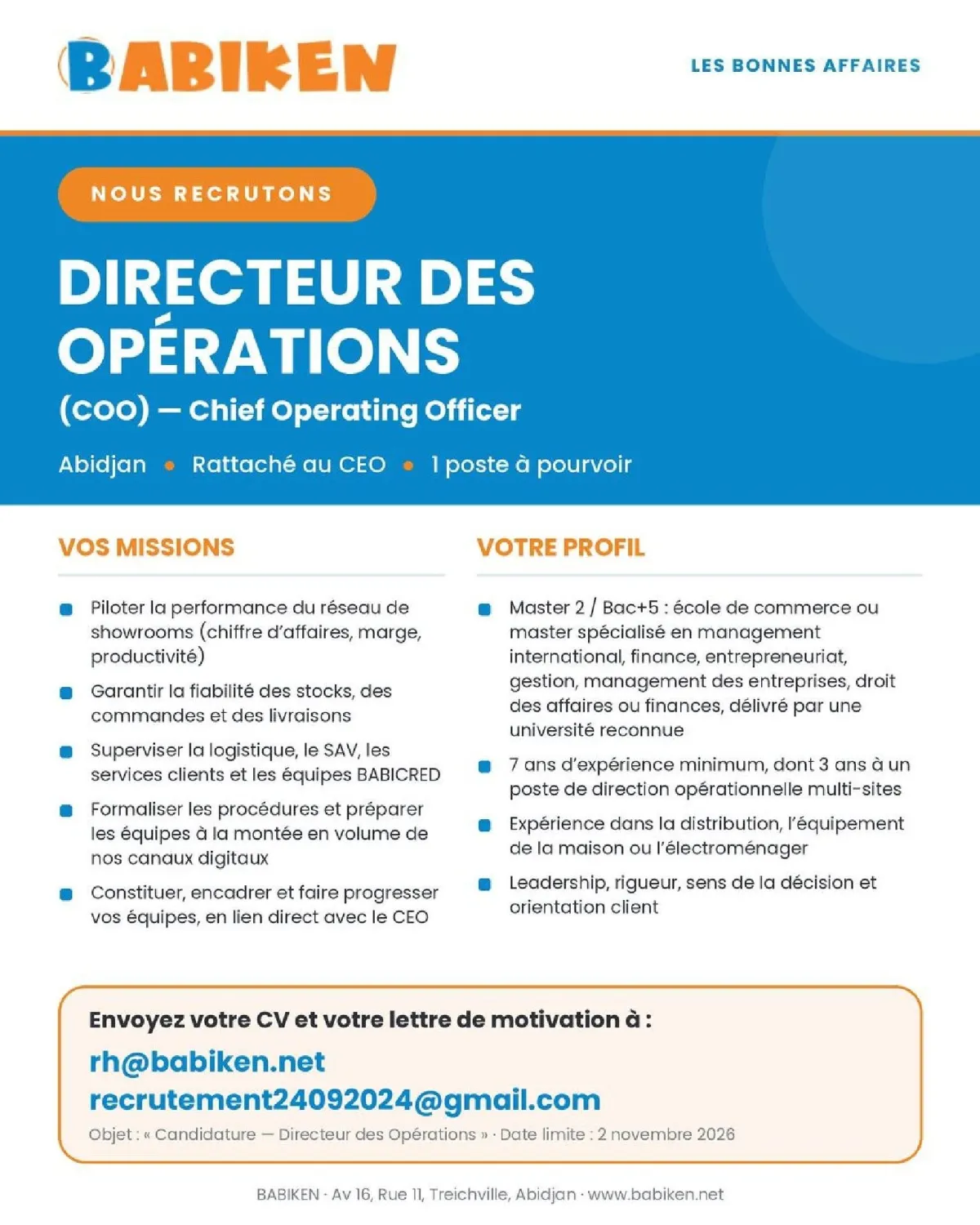 Offre d'emploi RECRUTEMENT DIRECTEUR DES OPERATINS (H/F)