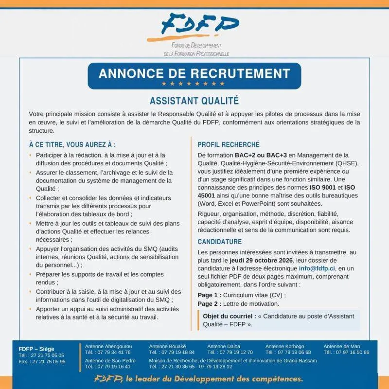 RECRUTEMENT ASSISTANT DE QUALITE (H/F)