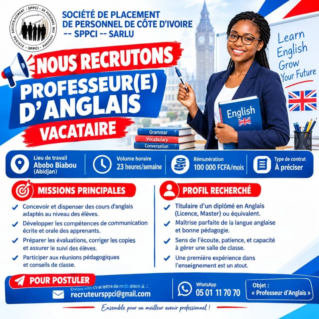 RECRUTEMENT D'UN PROFESSEUR D'ANGLAIS VACATAIRE (H/F) -  - Abidjan