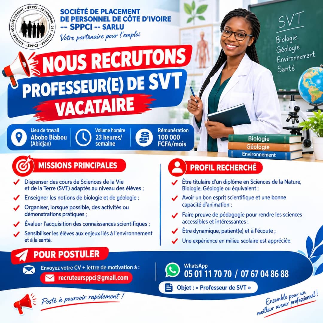 RECRUTEMENT D'UN PROFESSEUR DE SVT VACATAIRE (H/F)