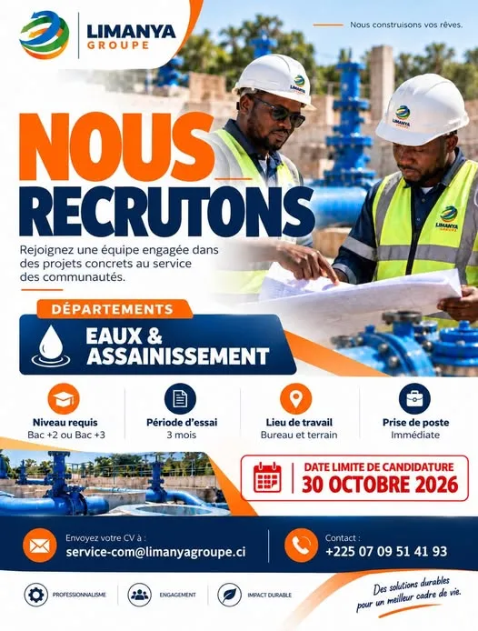 Offre d'emploi RECRUTEMENT DEPARTEMENT EAUX ET ASSAINISSEMENT