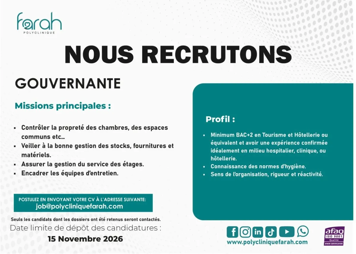 RECRUTEMENT D'UNE GOURVENANTE HOPITAL