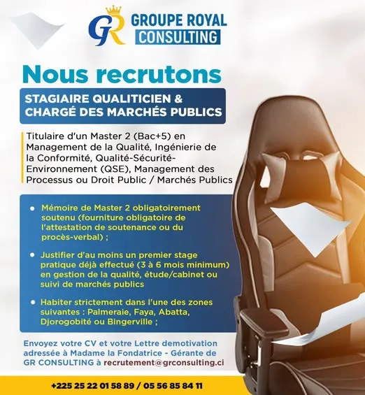 Offre d'emploi STAGIAIRE QUALITICIEN & CHARGÉ DES MARCHÉS PUBLICS