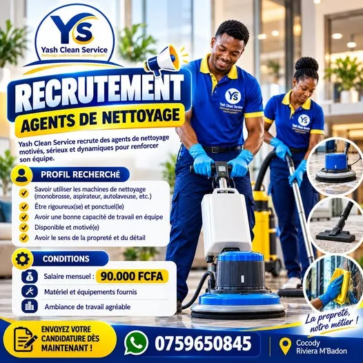Offre d'emploi RECRUTEMENT AGENTS DE NETTOYAGE
