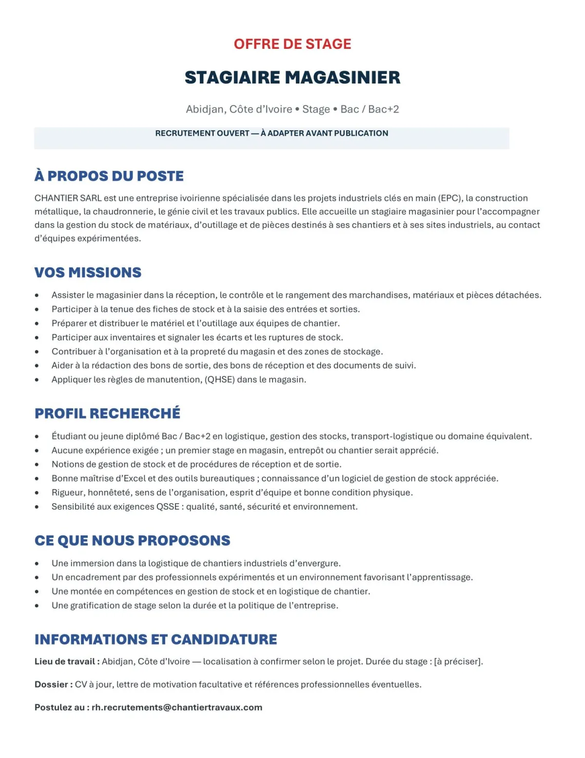 RECRUTEMENT STAGIAIRE MAGASINIER (H/F)