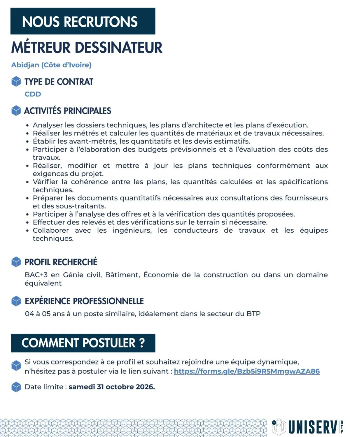 Offre d'emploi RECRUTEMENT -𝐌𝐄́𝐓𝐑𝐄𝐔𝐑 𝐃𝐄𝐒𝐒𝐈𝐍𝐀𝐓𝐄𝐔𝐑 (H/F)