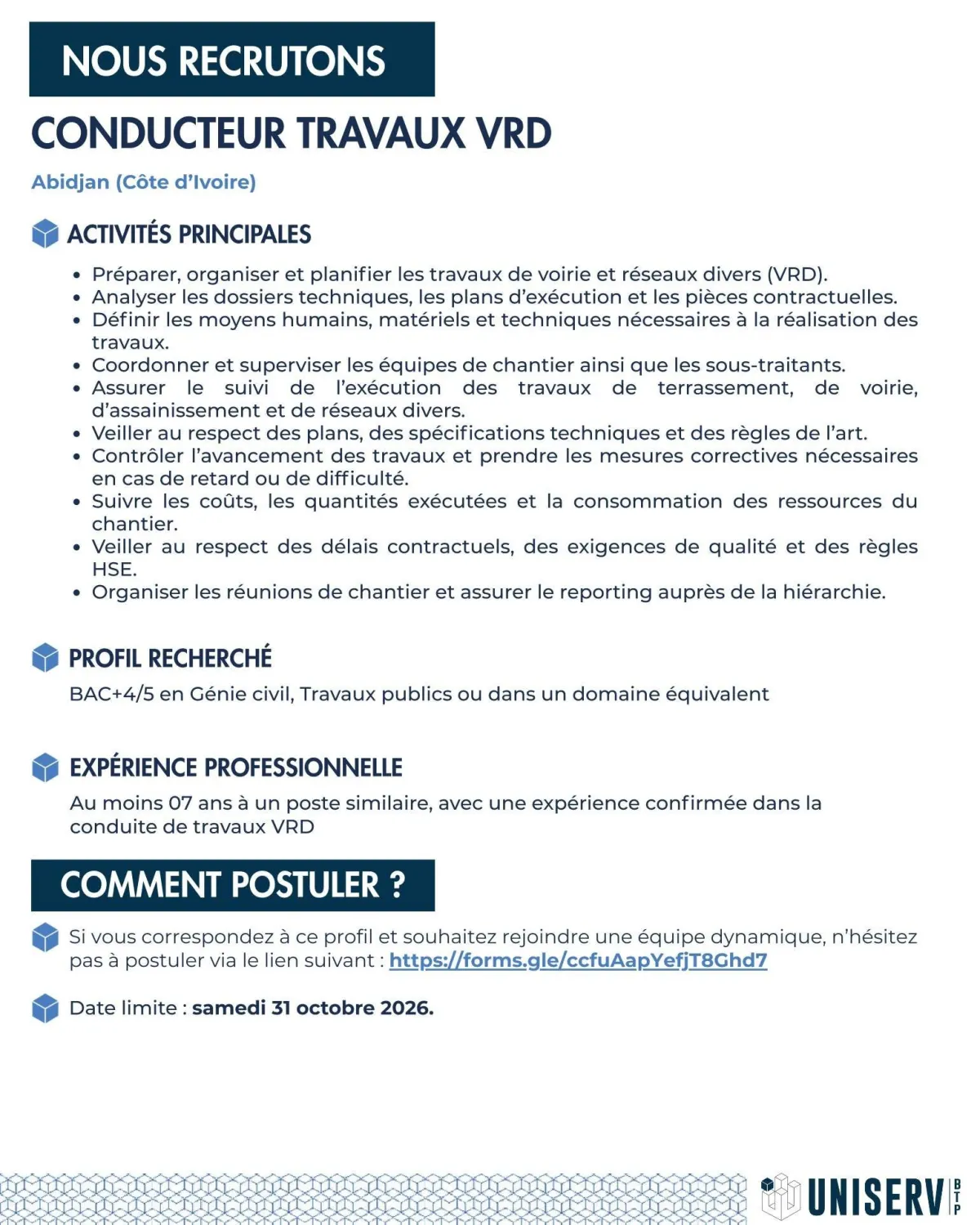 Offre d'emploi RECRUTEMENT 𝐂𝐎𝐍𝐃𝐔𝐂𝐓𝐄𝐔𝐑 𝐓𝐑𝐀𝐕𝐀𝐔𝐗 𝐕𝐑𝐃 (H/F)