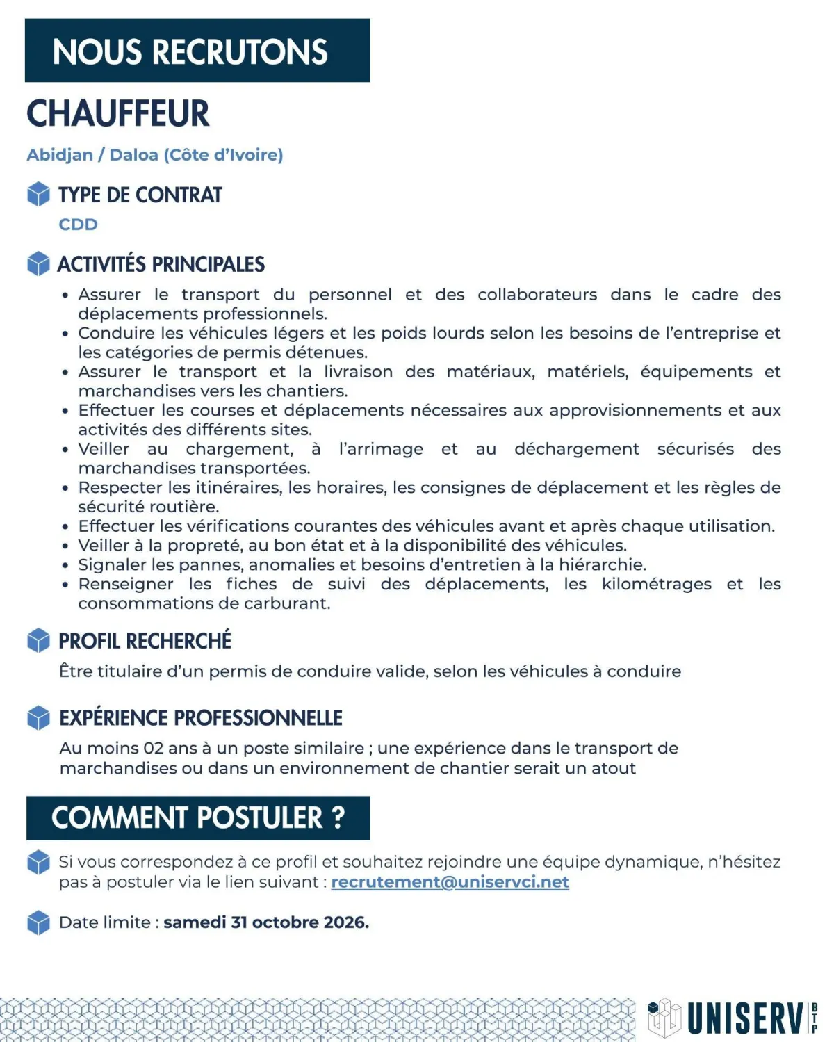Offre d'emploi RECRUTEMENT DE CHAUFFEUR (H/F)