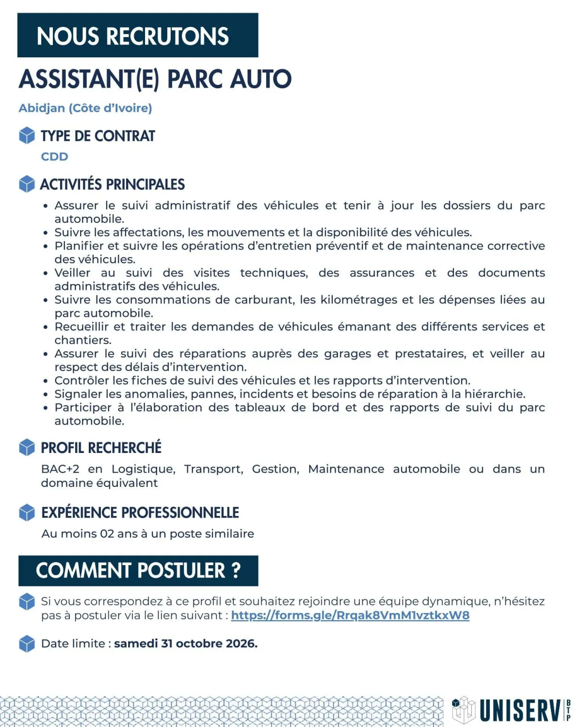 Offre d'emploi RECRUTEMENT 𝐀𝐒𝐒𝐈𝐒𝐓𝐀𝐍𝐓(𝐄) 𝐏𝐀𝐑𝐂 𝐀𝐔𝐓𝐎