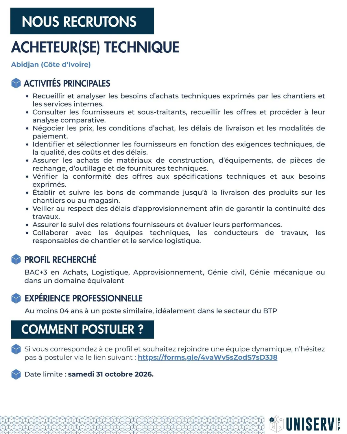 Offre d'emploi RECRUTEMENT 𝐀𝐂𝐇𝐄𝐓𝐄𝐔𝐑(𝐒𝐄) 𝐓𝐄𝐂𝐇𝐍𝐈𝐐𝐔𝐄 (H/F)