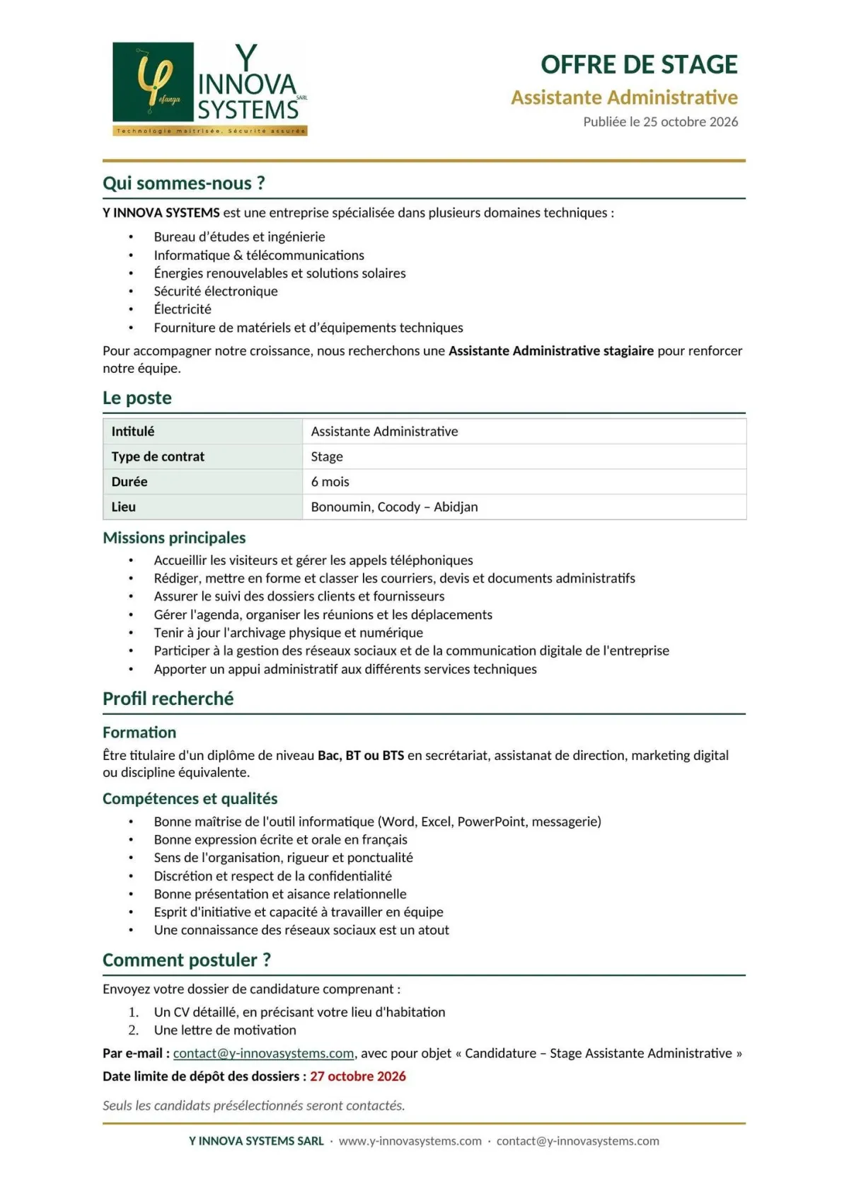 OFFRE DE STAGE ASSISTANTE ADMINISTRATIVE