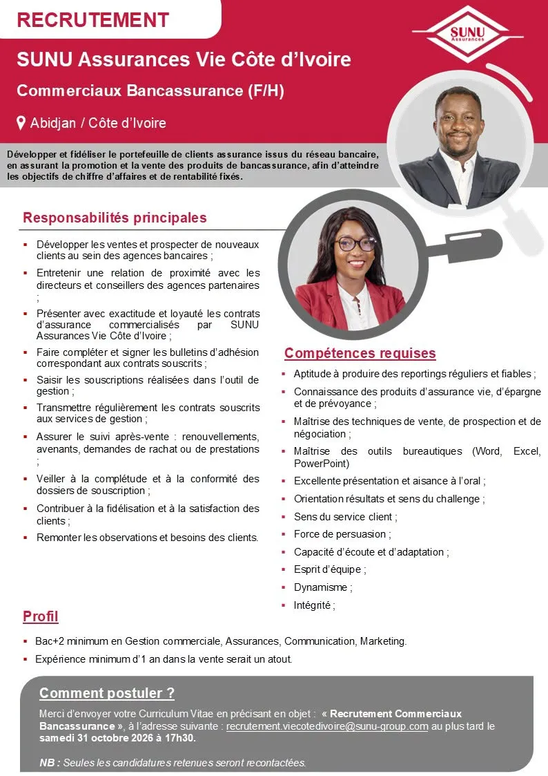 RECRUTEMENT DES COMMERCIAUX BANCASSURANCE (H/F)