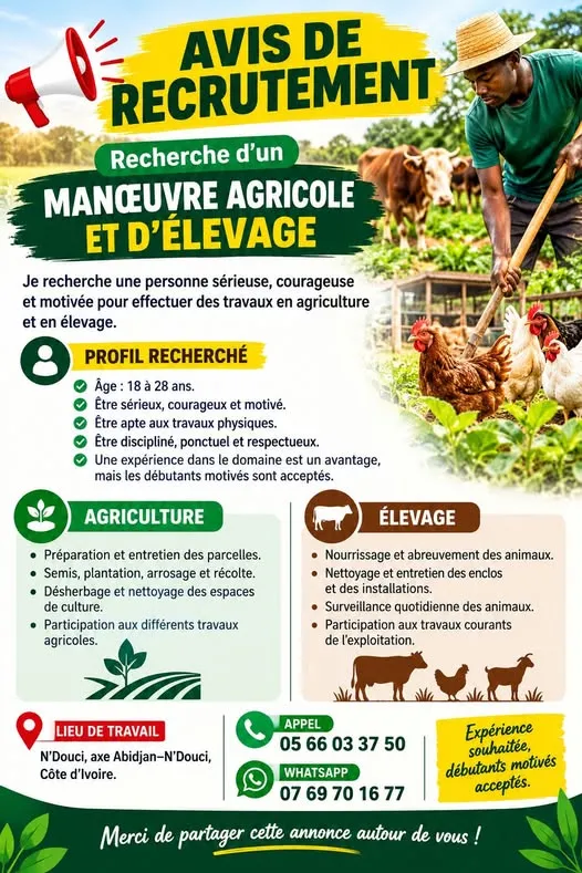 RECRUTEMENT MOEUVRE AGRICOLE ET D'ELEVAGE