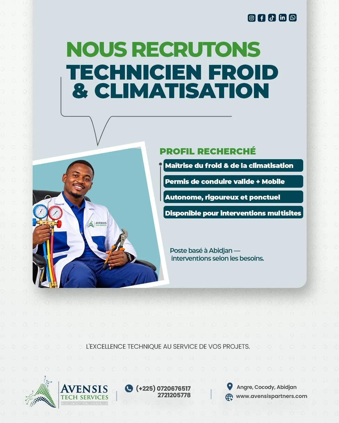 RECRUTEMENT TECHNICIEN FROID & CLIMATISATION