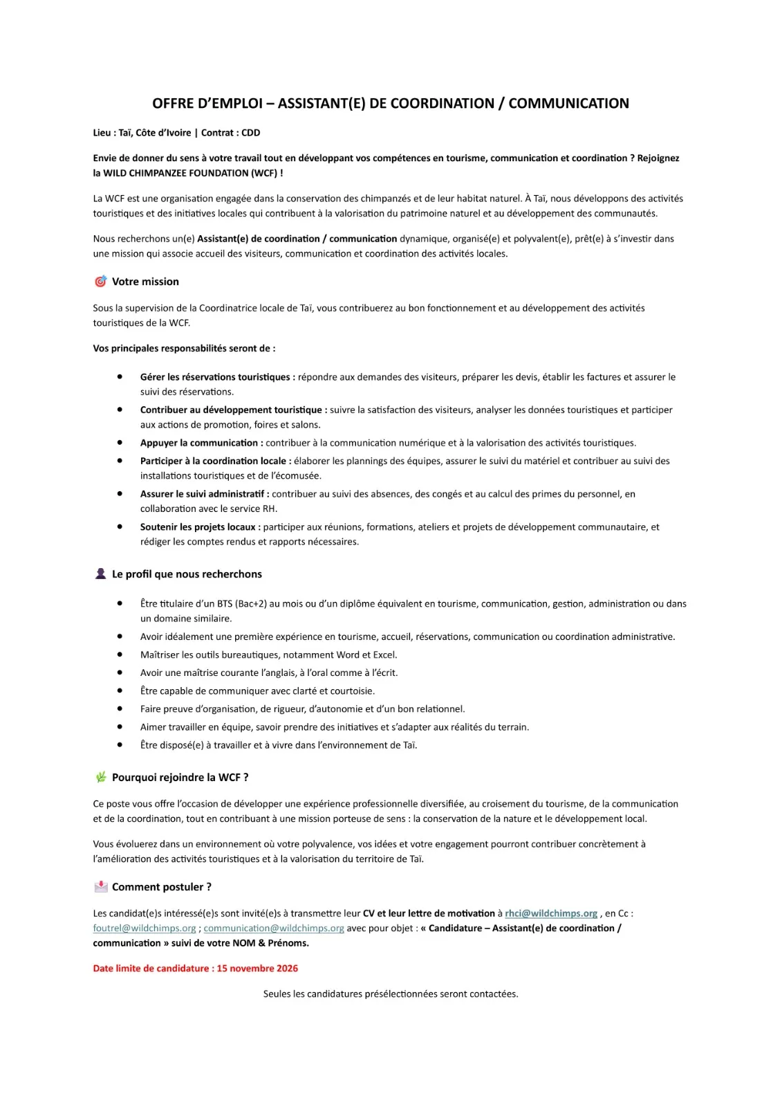 Offre d'emploi RECRUTEMENT ASSISTANT DE COORDINATION
