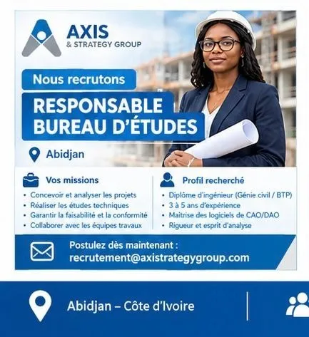 Offre emploi RECRUTEMENT RESPONSABLE BUREAU D'ETUDE à COTE D'IVOIRE