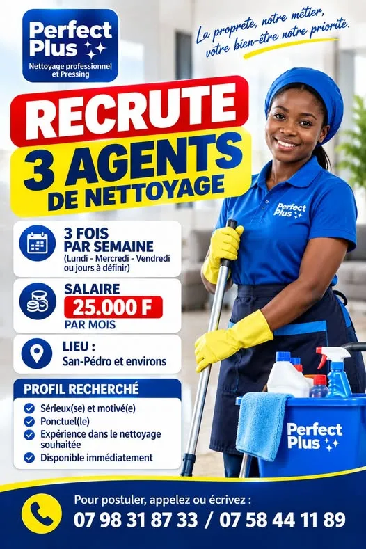Offre emploi RECRUTEMENT 3 AGENTS DE NETTOYAGE à SAN-PEDRO