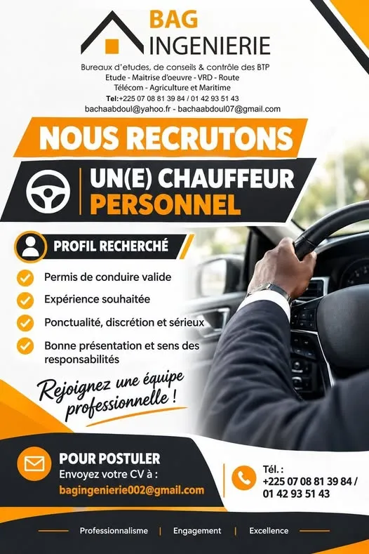 Offre emploi OFFRE D’EMPLOI CHAUFFEUR PERSONNEL à COTE D'IVOIRE
