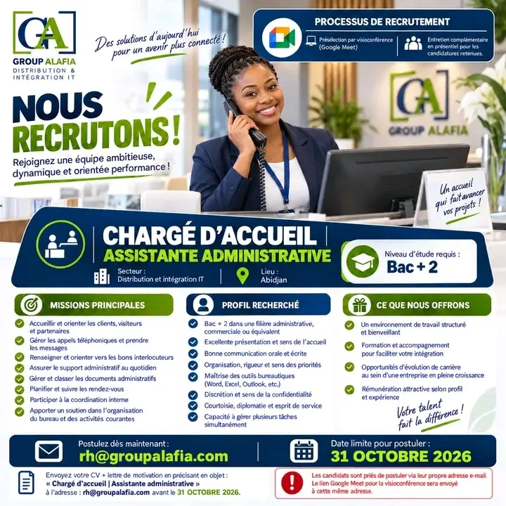 Offre emploi RECRUTEMENT CHARGÉ D'ACCUEIL (F) à Cote d'ivoire