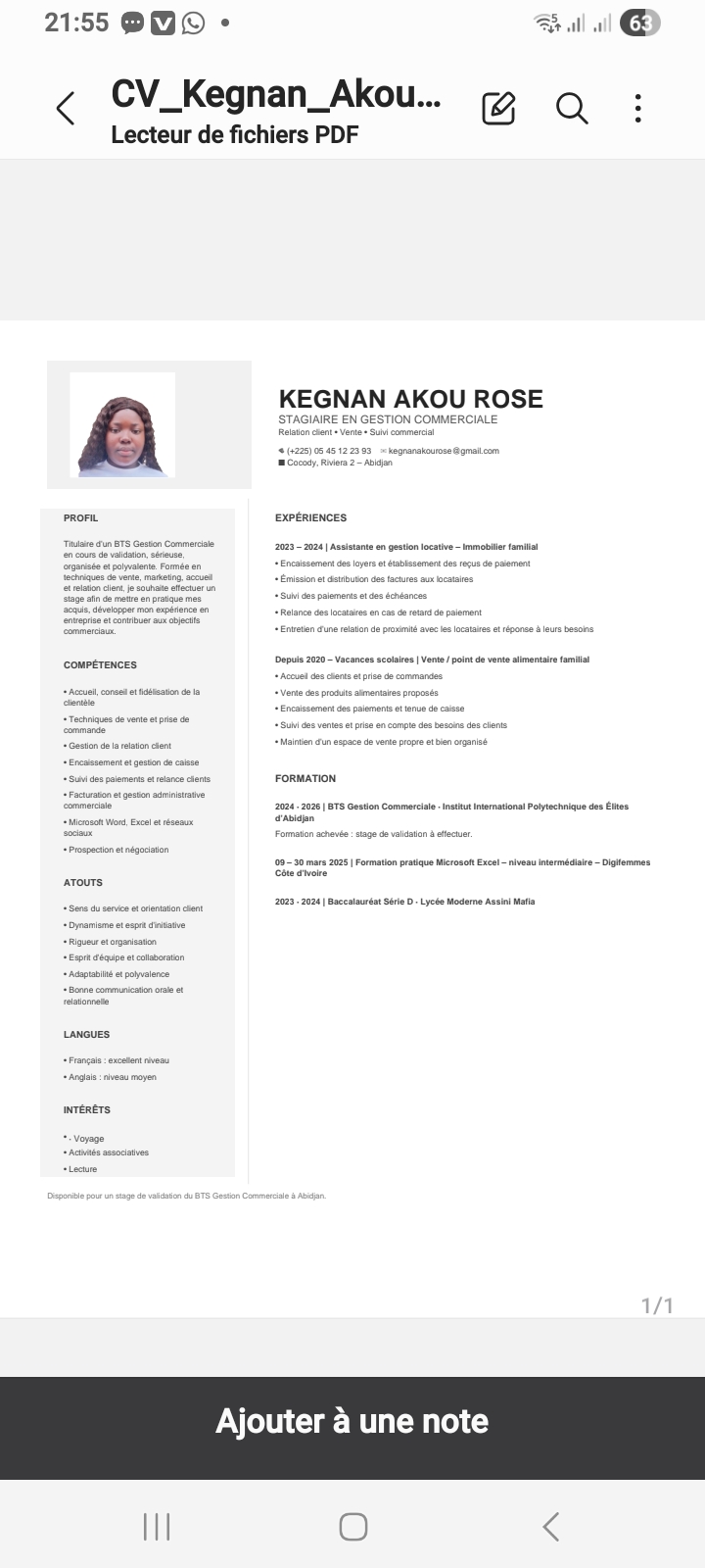 Profil candidat Kegnan Rose - Assistante commerciale ou marketing