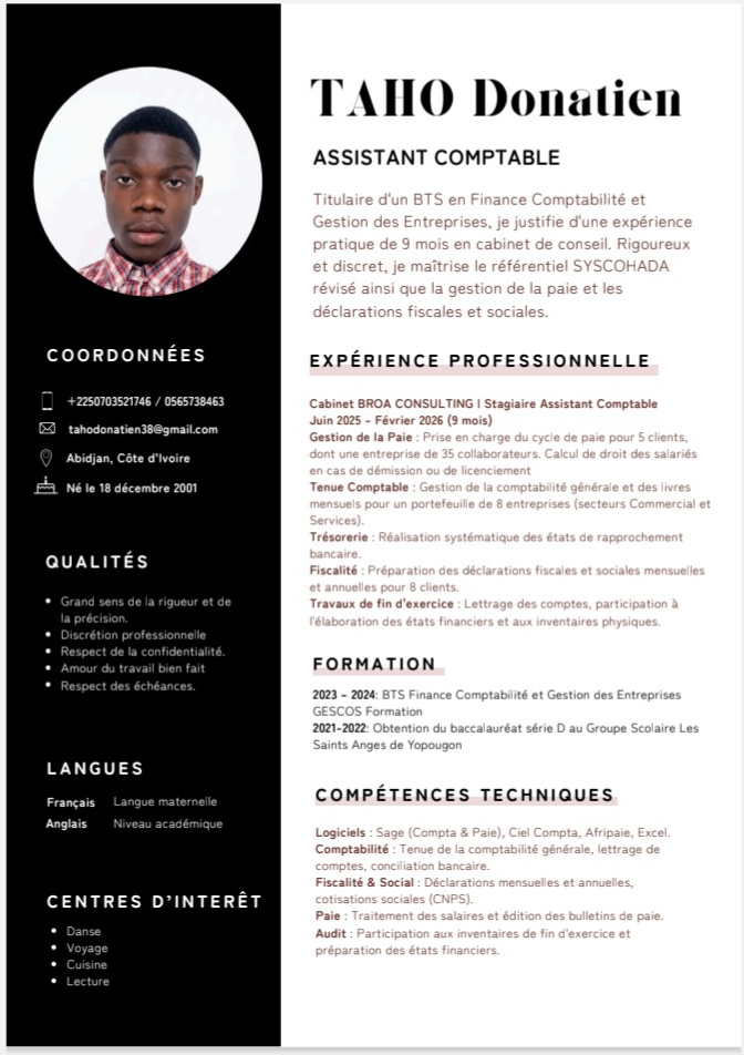 Profil candidat Taho Donatien - Comptabilité