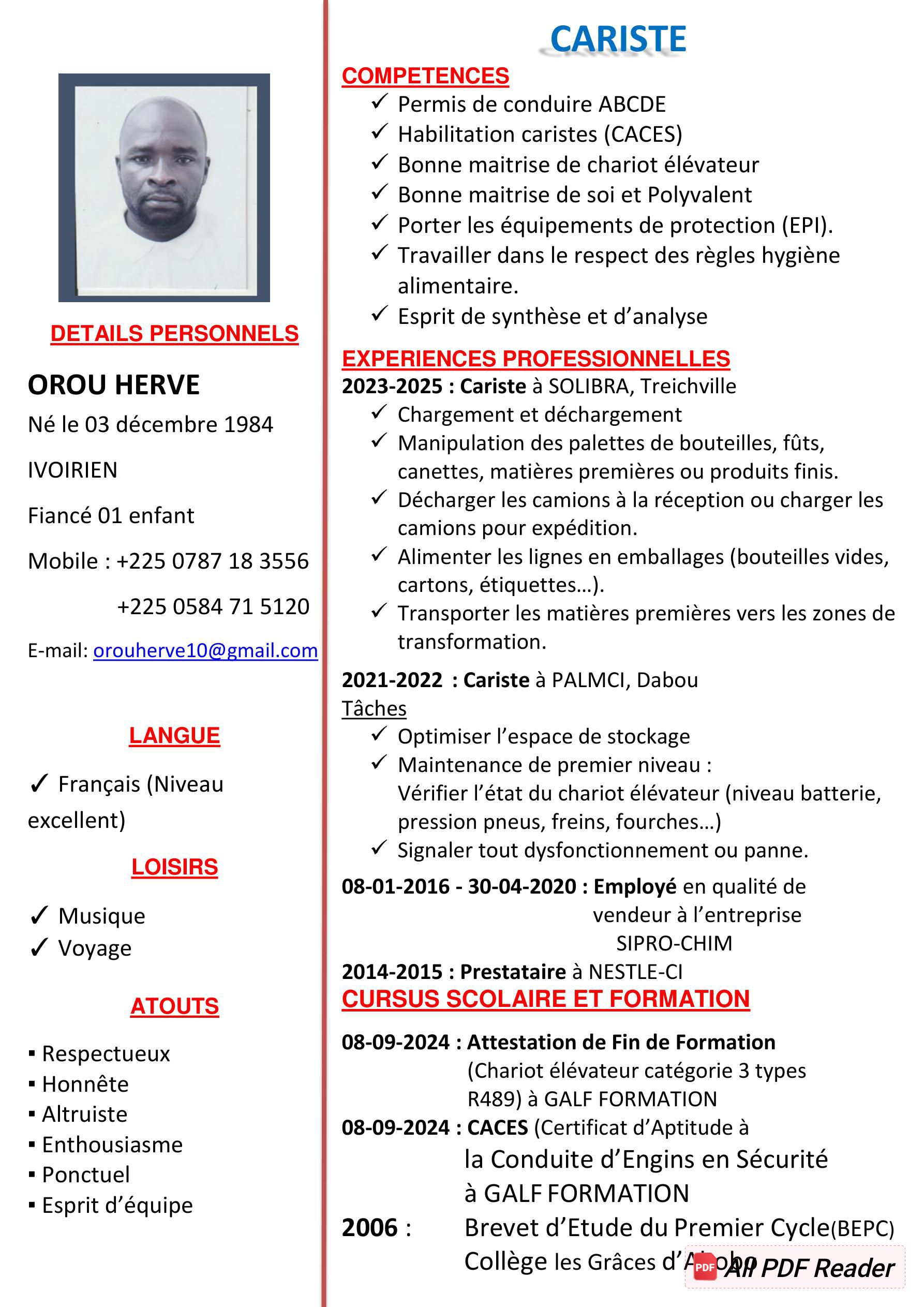 Profil candidat orou herve - cariste